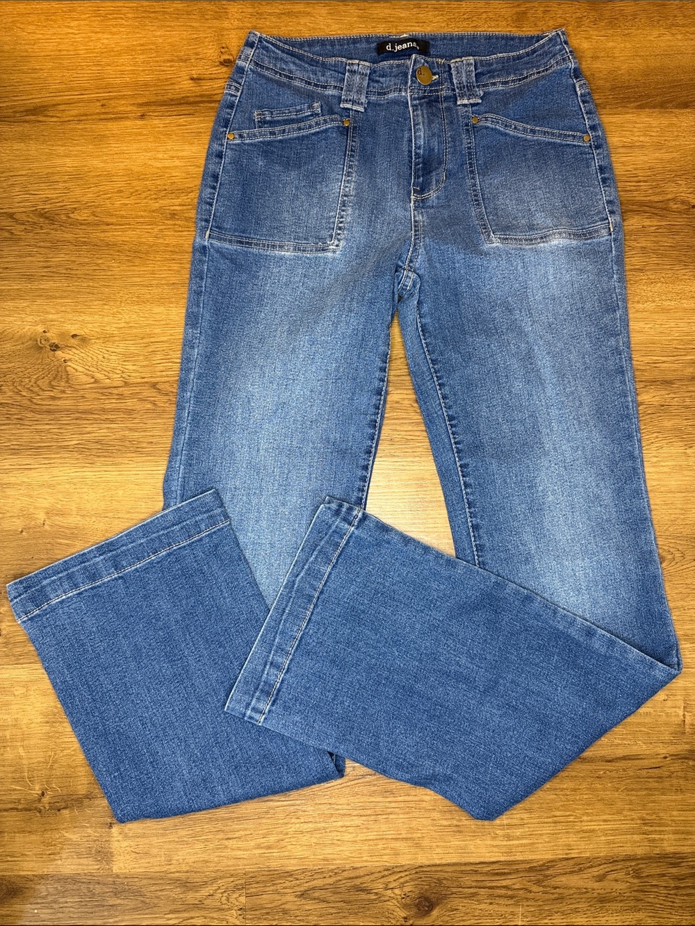 d.jeans Mid Rise Stretch Denim Flare Faded Square Patch Pockets Womens 4